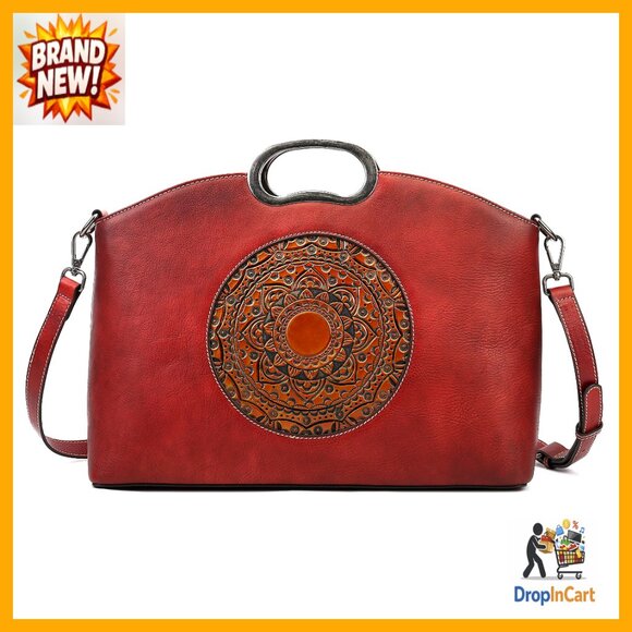 Genuine Leather Satchel Crossbody Bag Vintage Embossed Mandala Large Capacity